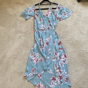 Blue floral dress. Open shoulders.